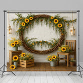 Aperturee - Aperturee Sunflower Circle Boho White Brick Wedding Backdrop